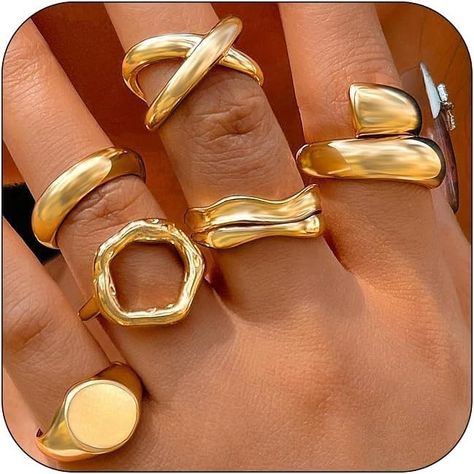 Gold Chunky Rings, Chunky Gold Rings, Knuckle Rings Gold, Gold Rings Set, Dome Rings, Rings Set For Women, Rings Chunky, Amazon Jewelry, Stackable Ring Sets