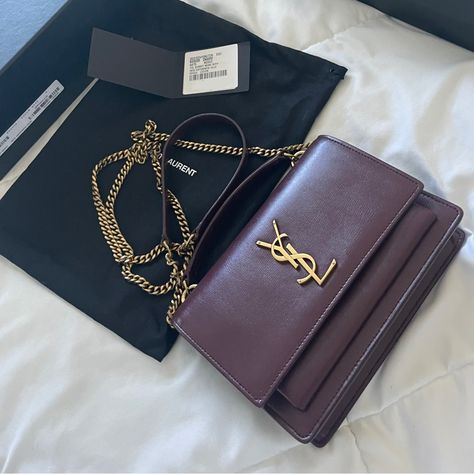 Saint Laurent Sunset Ysl Monogram Wallet On Chain - Golden Hardware In The Color Rouge Legion It’s Such A Sexy Feminine Color The Bag In Person. Retails For $2090. It Comes With Its Original Dust Bag, Box, Tags. Bought Off Nordstrom. Like New Condition There Is Some Rubbing On Both Sides Where The Chain Connects To The Bag. I Pictured Both Flaws, I Used The Bag Only A Handful Of Times And The Leather Is So Soft The Chain Rubbed Some Of The Leather Off. Other Then That There Are No Flaws Interior Ysl Sunset Bag, Small Leather Purse, Princess Gifts, Saint Laurent Wallet, Wallet On Chain, Gold Logo, Quilted Leather, Chain Bags, Hobo Bag