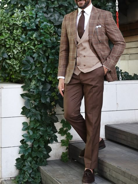 Brown Plaid Slim-Fit Suit 3-Piece Mens 2 Piece Suits, Mixed Suit Combinations, Country Suits Men, Waistcoat Aesthetic, Brown Plaid Suit Men, Spring Wedding Suits For Men, Funky Suits, Formal Event Outfit, Brown Suit