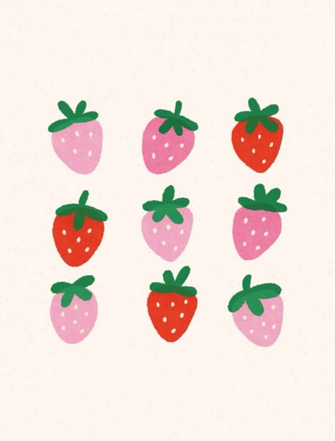 Tiny Strawberry Drawing, Simple Fruit Design, Mini Strawberry Painting, Cute Berry Drawing, Canvas Painting Strawberry, Heart Strawberry Drawing, Strawberry Wall Painting, Strawberry Painted Pottery, How To Draw A Strawberry Easy