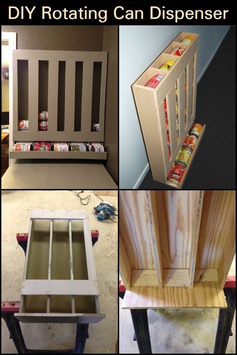 Diy Can Rack, Diy Canned Food Organizer, Can Holder For Pantry Diy, Can Good Storage Ideas, Diy Dispenser, Canned Good Storage, Food Containers Design, Diy Storage Projects, Dispenser Diy