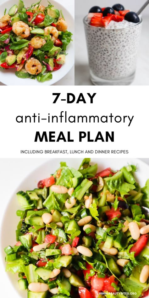 This 7-day anti-inflammatory diet meal plan can be the first step on your journey to reduce chronic inflammation and pain and to get back to living fully. The one-week menu includes anti-inflammatory recipes for breakfast, lunch and dinner! Pagen Diet Recipes, Recipes For Inflammation Diet, Low Inflammation Diet Meal Plan, Anti Inflammation Turkey Recipes, 1 Week Anti Inflammation Diet, Anti Anflamitory Diet, Antiinflammatory Meals Gluten Free, Antiflammatory Diet Meal Plan, Antiinflammatory Meals Breakfast Easy