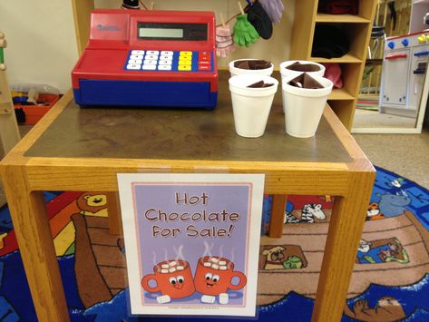 Preschool Winter Hot Cocoa Stand and Mitten Dramatic Play Area! Dramatic Play Activities Preschool, Hot Chocolate Dramatic Play, Dramatic Play Area Preschool, Winter Dramatic Play, Cocoa Stand, Dramatic Play Activities, Hot Cocoa Stand, Preschool Dramatic Play, Dramatic Play Themes