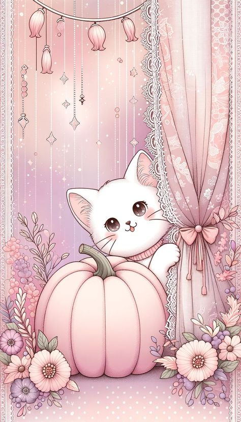 iPhone Halloween Wallpaper Pink Kitty Wallpaper, Iphone Halloween Wallpaper, 3d Wallpaper Cute, Cute Lockscreens, Iphone Wallpaper Stills, Cute Pastel Wallpaper, Phone Art, Halloween Wallpaper Iphone, Halloween Illustration