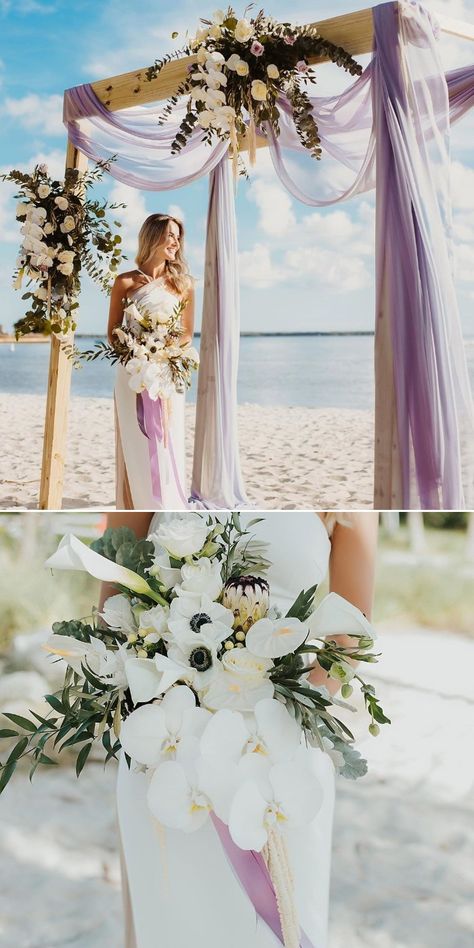 gergous beach micro wedding arch ideas with purple fabric Beach Wedding Ideas On A Budget, Beach Wedding Arch Ideas, Lavender Beach Wedding, Beach Wedding Lavender, Purple Beach Wedding Ideas, Purple Beach Wedding, Beach Purple Wedding, Beach Wedding Lilac, Beach Wedding Purple Theme