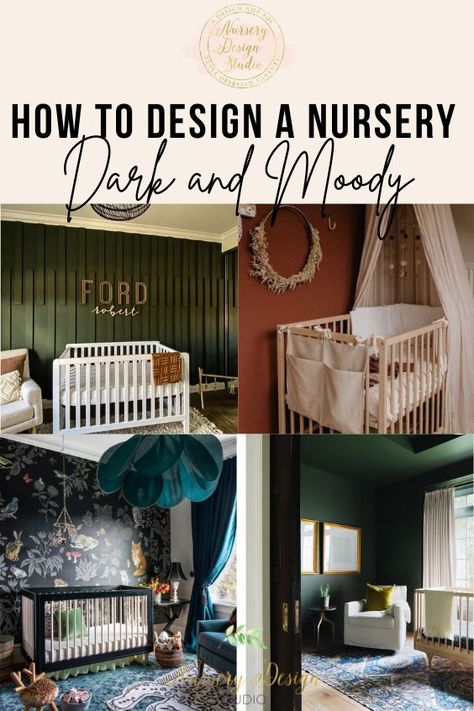 Dark And Moody Playroom, Nursery Dark Walls, Nursery Ideas Dark Furniture, Dark Boho Nursery, Dark And Moody Nursery, Dark Teal Nursery, Moody Boy Nursery, Dark Nursery Ideas, Moody Nursery