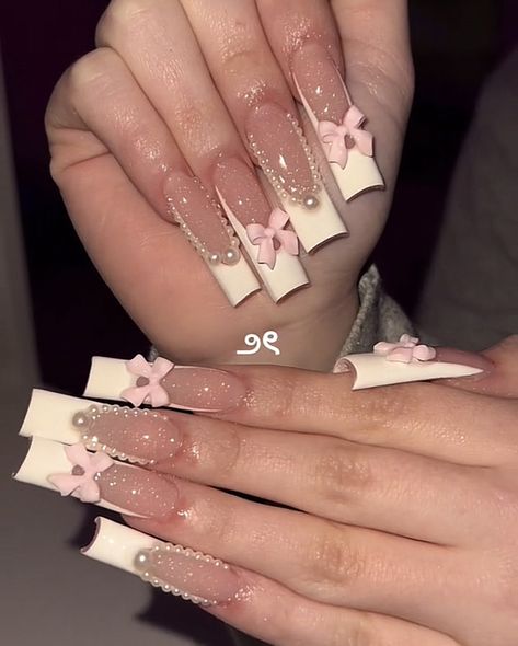 Coquette Nails Long Square, Cute Gel X Nail Designs, Mustard Nail Art, Couqutte Nail Ideas, Nails For Chubby Fingers, Quince Nails Pink, Medium Long Nails, Weymouth England, White Nail Ideas