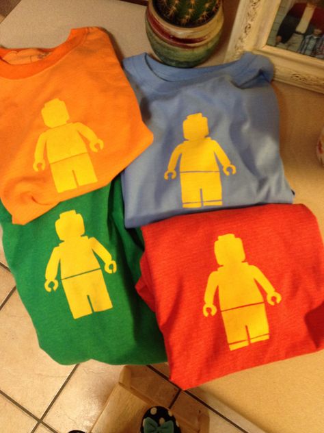 Lego man tshirt.  Made using a freezer paper stencil. Lego Birthday Party Shirt Ideas, Lego Birthday Shirt Family, Lego Shirt Ideas Birthday, Lego Theme Birthday Shirt, Lego Tshirt Ideas, Diy Teen Halloween Costumes, Lego Shirts Vinyl, Cricut Lego Birthday Shirt, Lego Tshirt