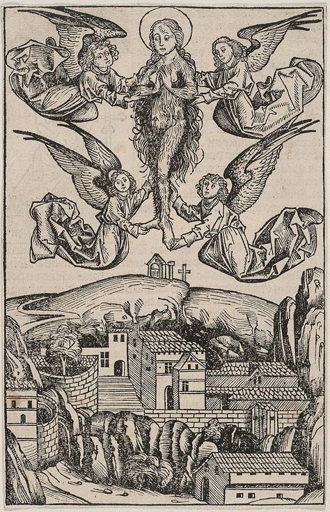 "Mary Magdalen borne aloft by four angels" Michael Wolgemut (Germany 1434/1437 – 30 Nov 1519) Wilhelm Pleydenwurff (Germany circa 1460 – 1494) 1493 Woodcut 21.4 x 13.7 cm image; 21.6 x 14.0 cm sheet (irreg.) Art Gallery of New South Wales Home Haircuts, Hans Baldung Grien, Medieval Drawings, Medieval Artwork, Hans Holbein, Medieval Paintings, Esoteric Art, Engraving Illustration, Mary Magdalene