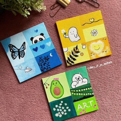 Painting Ideas On Diary, Mini Moodboard Painting, Mood Board Painting Ideas, Doodle Art On Canvas, Mood Boards Painting, Mini Canvas Art Aesthetic, Mini Canvas Art For Boyfriend, Small Canvas Art Easy, Mini Canvas Ideas