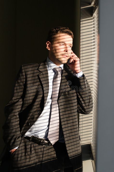 Man Calling On Phone, Old Phone, Blinds For Windows, Men Looks, Business Man, Blinds, Suit Jacket, Fashion Photography, Stock Images