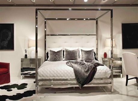 Silver Bedroom, Canopy Bedroom, Interior Design Per La Casa, Modern Luxury Bedroom, Steel Canopy, White Bed, Bernhardt Furniture, Poster Bed, Canopy Bed