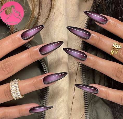 Almond Nails Designs Edgy, Acrylic Nails Sharp Almond, Acrylic Nails Sharp, Nails Sharp Almond, Nails Purple Ombre, Nails Sharp, Purple And Silver Nails, Nails Goth, Nails With Design