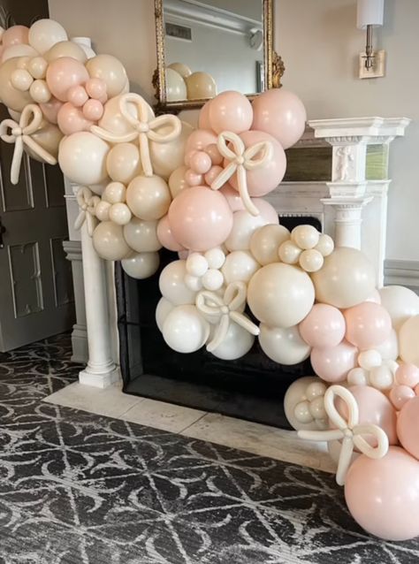 Preppy Baby Shower Ideas, Bows And Pearls Baby Shower Theme, Coquette Baby Shower Theme, Baby Shower Balloon Ideas, Pink Bow Baby Shower Theme, Girly Baby Shower Themes, Ballerina Baby Shower Theme, Pink Bday, Bow Birthday Party