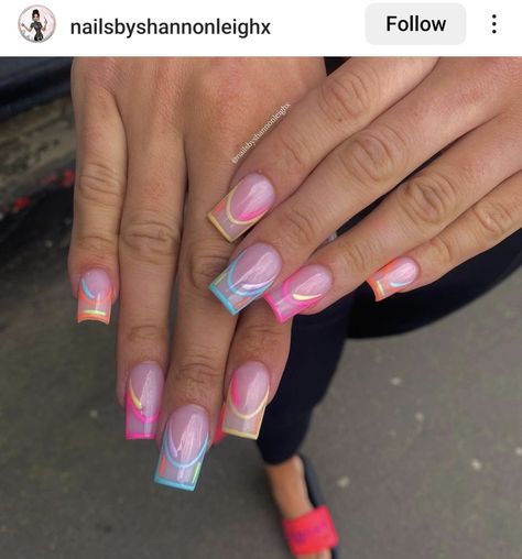 French Tip Acrylic Nails Summer, Multi Color French Tip Nails, Multi Color French Tip, Color French Tip Nails, Color French Tip, Summer Holiday Nails, Rainbow French, Acrylic Nails Nude, Aqua Nails