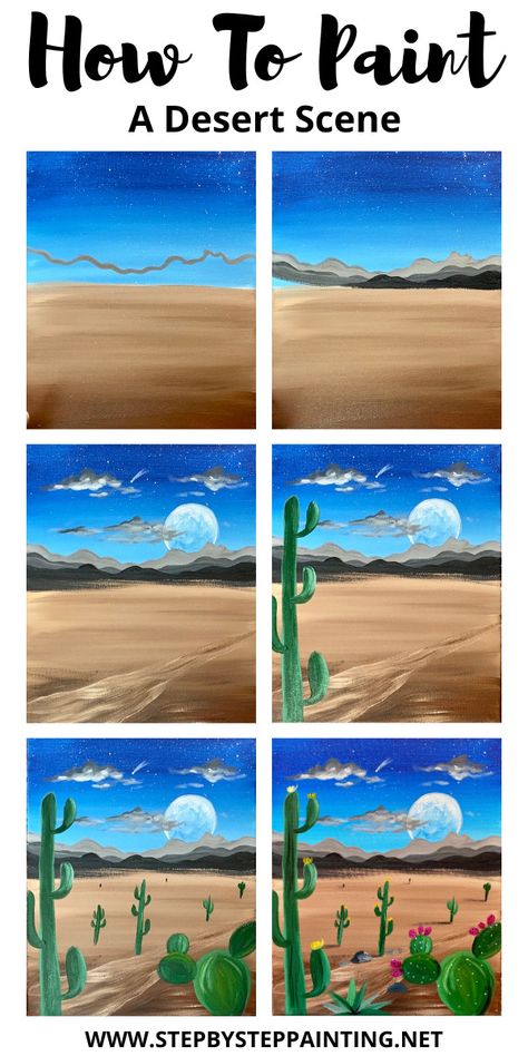 Desert Landscape Painting Tutorial - Night Desert Scene Easy Landscape Painting Ideas For Beginners, Desert Scenes To Paint, Diy Desert Painting, Desert Painting Ideas, Easy Desert Painting, Painting Ideas On Canvas Step By Step, Step By Step Painting For Beginners, Acrylic Painting Desert, Easy Landscape Painting For Beginners