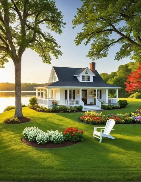 White Picket Fence Ideas, American House Design, Picket Fence Ideas, Farm Style House, Wraparound Porch, Small Cottage Homes, Cottage Style House Plans, Fence Designs, Dream Life House