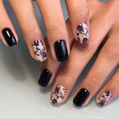 Black Floral Nail Art, Floral Black Nails, Black Nails With Floral Design, Black Rose Nail Design, Black And Pink Floral Nails, Black With Pink Flowers Nails, Matte Black Floral Nails, Black Floral Nails, Floral Nail Ideas