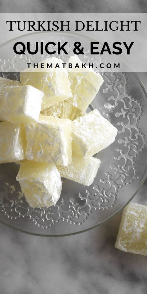 This recipe for Turkish delight, or Raha, is chewy, sweet, and aromatic cubes of goodness that pair perfectly with tea or Turkish coffee. #turkishdelight #dessertrecipes #easydesserts #dessertideas #uniquedesserts #syriandesserts #syrianfood #syrianrecipes #turkishdessert #homemadedesserts #yummydesserts Vegan Turkish Delight, Easy Turkish Delight Recipe, How To Make Turkish Delight, Authentic Turkish Recipes, Homemade Confections, Homemade Turkish Delight, Turkish Delight Recipe, Turkish Candy, Turkish Coffee Recipe