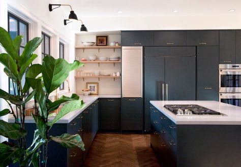 LOVE the petrol blue cabinets! Replacing Kitchen Countertops, White Concrete Countertops, Outdoor Kitchen Countertops, Herringbone Wood Floor, Herringbone Wood, Wood Floor Kitchen, Outdoor Kitchen Bars, Outdoor Kitchen Appliances, Charming Kitchen