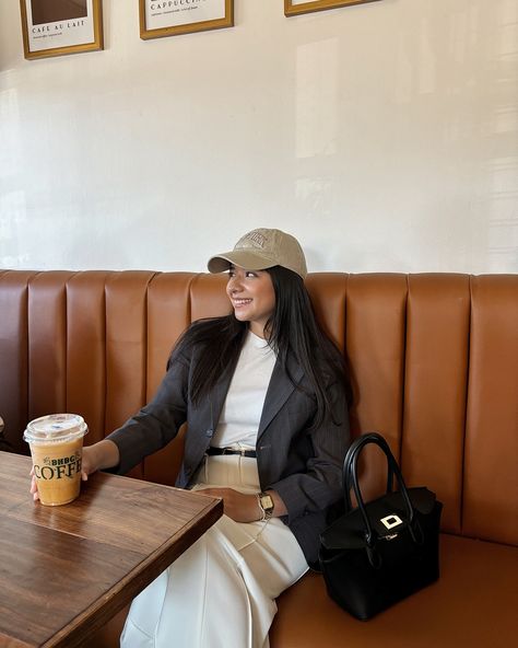 coffee break at @bhbgcoffee 🤎 • • • • #coffee #ootd #modestfashion Coffee Ootd, Coffee Brown Bag Outfit, Coffee Fashion Aesthetic, Coffee Shop Editorial, Bag And Coffee Aesthetic, Influencer Coffee Photos, Coffee Break, Modest Fashion, Ootd