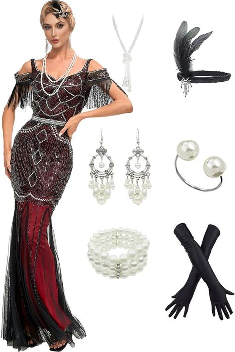 Amazon.com: 1920s Vintage Sequins Fringe Long Gatsby Flapper Formal Wedding Evening Maxi Gown Party Cocktail Dresses w/ 20s Accessories Set Beige : Clothing, Shoes & Jewelry 20s Accessories, Beige Clothing, 1920's Wedding, 1920s Wedding, 1920s Vintage, Cocktail Accessories, Maxi Gown, The Great Gatsby, Accessories Set