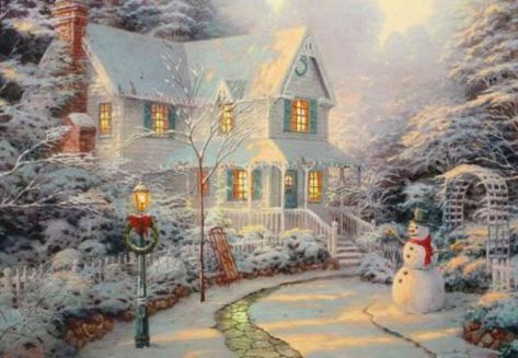 A 425 pieces jigsaw puzzle from Jigidi Christmas Thomas Kinkade, Thomas Kinkade Paintings Christmas, Thomas Kincaid Paintings, Christmas Aesthetic Painting, Thomas Kincaid Christmas, Thomas Kinkade Cottage, Thomas Kinkade Art, Thomas Kinkade Paintings, Thomas Kincaid