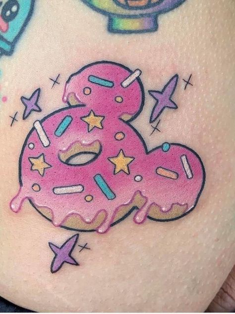 Disney Snack Tattoo, Mickey Donut, Dessert Tattoo, Baking Tattoo, Donut Tattoo, Disney Inspired Tattoos, Candy Tattoo, Food Tattoos, Petit Tattoo