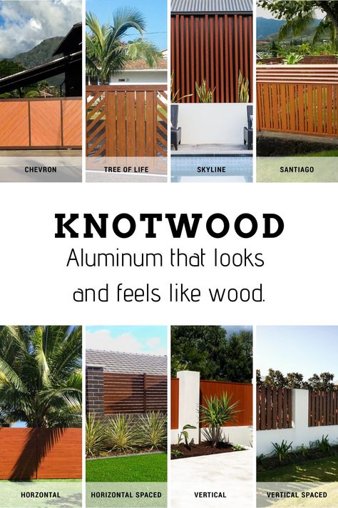 Aluminum Wood Fence, Faux Wood Fence, Mid Century Front Fence, Knotwood Fence, Modern Fence Design Wood, Wood And Aluminum Fence, Mcm Fence, Mid Century Fences And Gates, Mid Century Fence