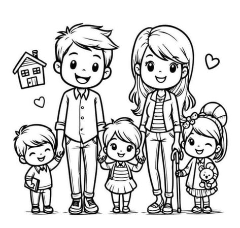 Cartoon Character Outline Drawing, Family Easy Drawing, Family Dibujo, Cute Family Drawing, Happy Family Drawing, Family Drawing Easy, Family Coloring Pages For Kids, Family Drawing Ideas, Happy Family Cartoon