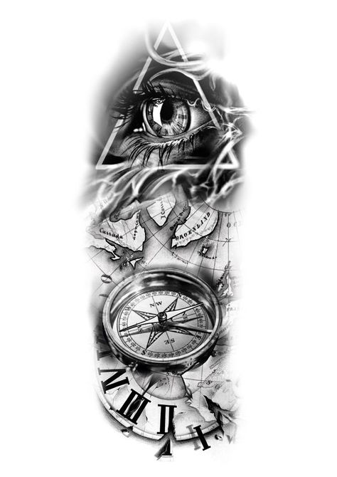 Clock Tattoo Design Men, Clock And Compass Tattoo, Compass And Map Tattoo, Compass Tattoo Men, Nautical Tattoo Sleeve, All Seeing Eye Tattoo, Compass Tattoo Design, Clock Tattoo Design, Map Tattoos