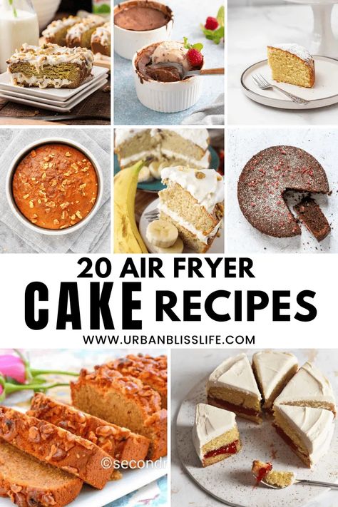 Making cakes in your air fryer is easy! Try one of our 20 Air Fryer Cake Recipes- they're delicious desserts the whole family will love. Find the full Air Fryer Cake recipes at UrbanBlissLife.com Bake A Cake In Air Fryer, Bake With Air Fryer, Cake Recipes Airfryer, Air Fry Cake Recipes, Air Fryer Coffee Cake, Ninja Air Fryer Dessert Recipes, Air Fryer Recipes Cakes, Cake In The Air Fryer, Easy Desserts In Air Fryer