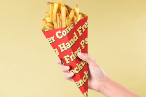 This is a hand holding a psd french fries paper cone mockup to showcase a restaurant branding or any design. Add... Fries Packaging, Making French Fries, Coin Envelopes, Free In French, Paper Cones, Paper Tray, Pizza Restaurant, Stationery Mockup, Font Setting