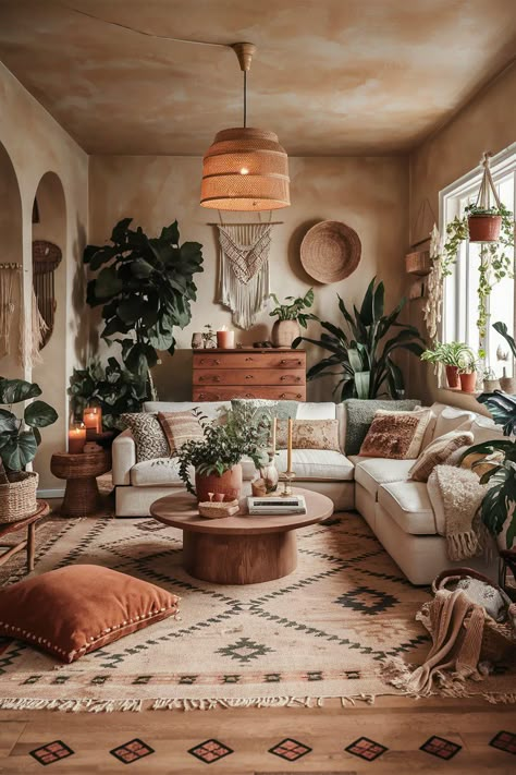 Rainforest Inspired Living Room, Boho Plant Room Ideas, Boho Great Room Ideas, Modern Hacienda Living Room, Maximalistic Aesthetic, Boho Living Room With Fireplace, Afro Living Room, Light Boho Living Room, Plant Aesthetic Living Room