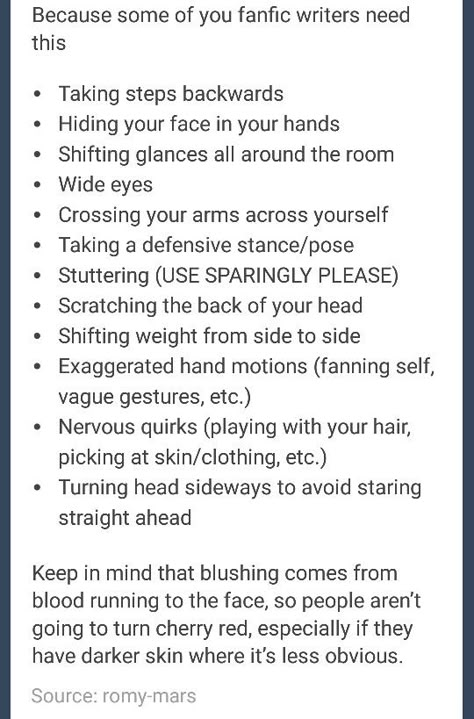 Ways to show/describe embarrassment OTHER THAN blushing. How To Write Someone Blushing, Ways To Show Embarrassment Writing, Words For Blushing, Blushing Prompts, How To Write Blushing, Ways To Describe A Character, Other Words For Embarrassed, How To Write Embarrassment, How To Describe Lips