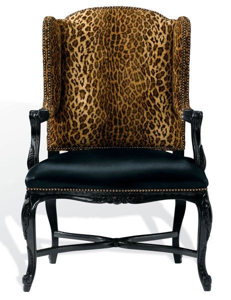 Love that leopard!  Spencer chair with nailhead trim, with European-beech frame available in a variety of finishes (shown here in black lacquer) and a choice of fabric, leather, or c.o.m. upholstery (pictured here in Buckmaster Ebony leather on seat, Aragon Leopard fabric on seat back), 45.5" h. x 30" w. x 27" d., from $5,745. Leopard Print Chair, Animal Print Furniture, Animal Print Decor, Beautiful Chair, Take A Seat, Ralph Lauren Home, Dining Room Chairs, Cool Furniture, Home Furnishings