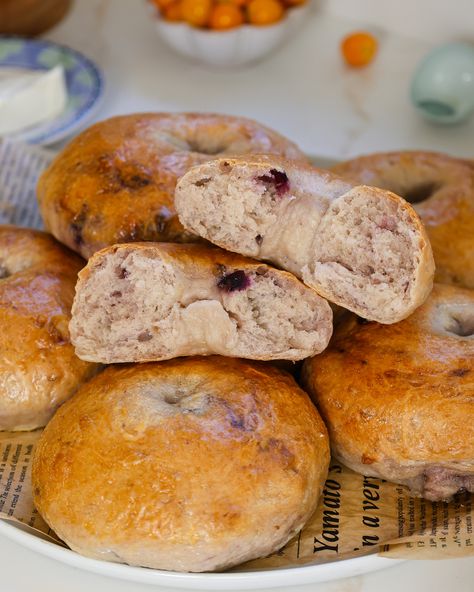 New York-Style Blueberry Sourdough Bagels Blueberry Sourdough, Blueberry Bagels, Sourdough Blueberry, Pumpkin Pie Pancakes, Baking Soda And Honey, Blueberry Bagel, Sourdough Bagels, Bagel Toppings, Whipped Honey