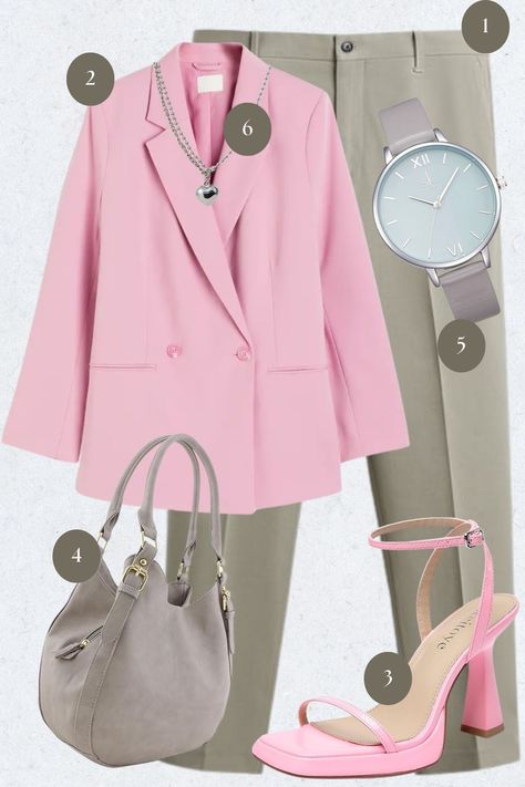 Step into spring with this fashion moodboard that radiates femininity and freshness. A pastel pink blazer offers a soft, yet structured look, capturing the light-hearted essence of the season. It’s paired with neutral trousers, allowing the blazer to really pop. The outfit is pulled together with a blend of subtle grey and playful pink accessories, from the practical handbag to the delicate strapped heels, adding both functionality and a whimsical touch. Pastel Pink Blazer, Neutral Trousers, Strapped Heels, Sweater Socks, Fashion Moodboard, Pink Trousers, Pink Accessories, Short Coat Jackets, Winter Layering