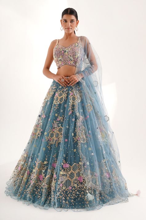 Shop for these amazing collections of Blue Net Embroidered Gota Sweetheart Honeycomb Floral Resham Lehenga Set For Women by Chaashni by Maansi and Ketan online at Aza Fashions. Embroidered Honeycomb, Peacock Lehenga, Blue Bridal Lehenga, Beautiful Lehengas, Lengha Design, Strappy Blouse, Heavy Lehenga, Desi Fits, Indian Bridesmaids