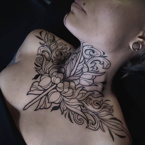 Rose Throat Tattoos Women, Neck Tattoos Women Throat Butterfly, Neck Throat Tattoos Women, Chest Neck Tattoo, Throat Tattoos, Flower Neck Tattoo, Front Neck Tattoo, Red Heart Tattoos, Throat Tattoo