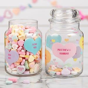 Personalized Candy Jars, Personalized Cookie Jar, Valentines Gift Bags, Glass Candy Jars, Dog Treat Jar, Personalized Candy, Personalized Cookies, Conversation Hearts, Valentine Hearts