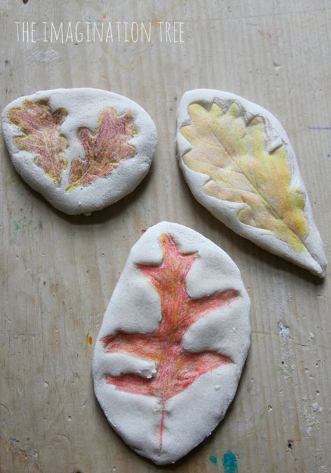 Make coloured leaf impressions in salt dough to make Autumn keepsakes! Fun for kids of all ages Pretzel Pumpkins, Salt Dough Crafts, Imagination Tree, Preschool Fall, Tree Study, Fall Preschool, Fall Crafts For Kids, Autumn Crafts, Forest School