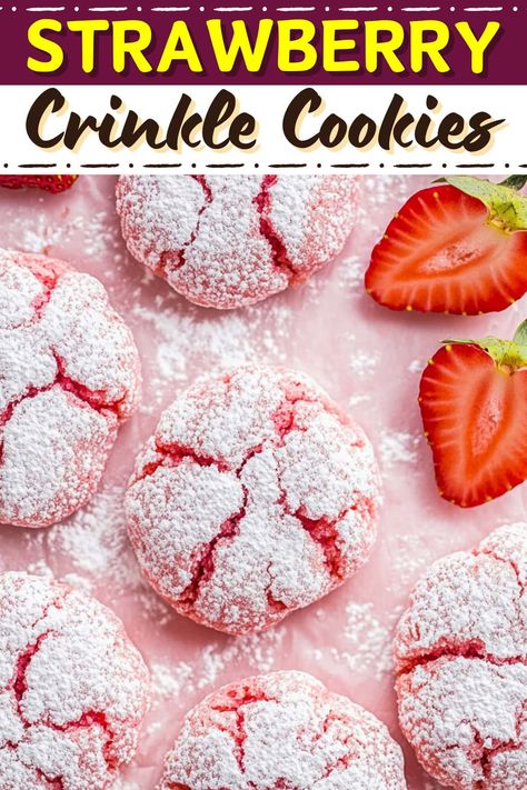 Strawberry Crinkle Cookies - Insanely Good Valentine Crinkle Cookies, Cookies With Powdered Sugar On Them, Soft And Chewy Cookie Recipes, Strawberry Christmas Cookies, Valentine’s Cookies, Crinkle Cookies Recipe Cake Mixes, Cookies With Strawberries, Fruity Dessert Recipes, Thimble Cookies