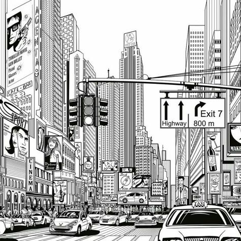 New York Skyline Silhouette, Cartoon City, Large Wall Murals, New York City Photos, New York Black And White, Wallpaper Stores, Building Drawing, City Cartoon, Lines Wallpaper