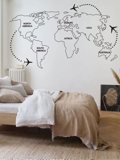 Wall Drawing Ideas Bedroom, Travel Mural, Abstract World Map, Aesthetics Room Decor, Wall Painting Ideas Creative, Simple Wall Paintings, World Map Sticker, World Map Painting, Lights Room