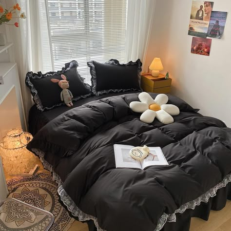 MOOWOO Chic Ruffle Lace Polyester Duvet Cover Set -Girl Black Bedding-3 Piece Full Duvet Cover with Zipper Closure -Ultra Soft and Light Weight Quilt Skirt, Envelope Pillowcase, Simple Envelope, Lace Bedding Set, Quilt Duvet Cover, Pink Bed, Bed Duvet, Lace Bedding, Quilt Duvet