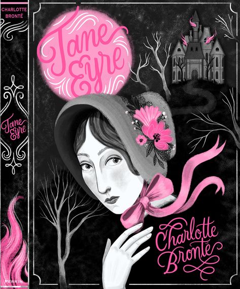 Book cover design for Jane Eyre by Illustrator Lisa Perrin Jane Eyre Book, Charlotte Bronte, Mini Notebooks, Jane Eyre, Alphonse Mucha, Personal Project, Portrait Illustration, Classic Literature, Book Cover Design