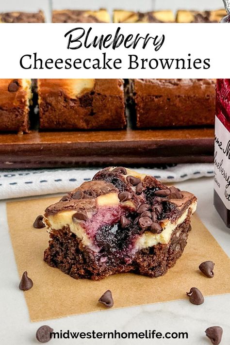 Blueberry Cheesecake Brownies are the most delicious gooey, fudgy brownies topped with a creamy cheesecake layer and a blueberry jam swirl. These delicious blueberry brownies are easy to make, look impressive, and taste like a million bucks! Blueberry Cheesecake Brownies, Blueberry Brownies Recipes, Blueberry Brownies, Greek Yogurt Brownies, Blueberry Cheesecake Bars, Cheesecake Layer, Vegan Ice Cream Recipe, Cheesecake Toppings, Brownie Toppings