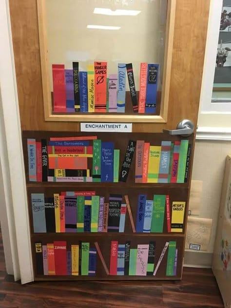 Classroom Door Decorations That Promote Reading Bookshelf Classroom Door, Ela Door Decorations Middle School, Innovative Classroom Ideas, School Library Decorating Ideas High School, Classroom Door Book Theme, Bookshelf Bulletin Board, Book Classroom Door, Bookshelf Classroom, Fairytale Classroom