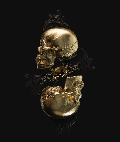 Gold Skull Aesthetic, Black Gold Aesthetic, Black And Gold Aesthetic, Skulls And Bones, Gold Skull, 다크 판타지, Gold Aesthetic, Religious Symbols, Dark Gold